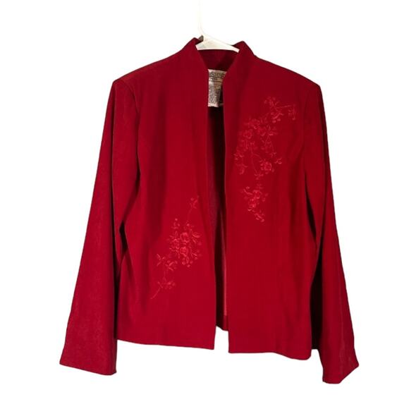 Jessica Howard Red Embroidered Floral Opened Front Blazer Jacket Women Sz 12P - Picture 1 of 8